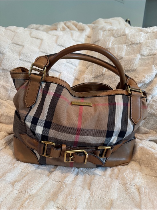 Burberry Handbags - Burberry Beige Plaid and Brown Leather Satchel